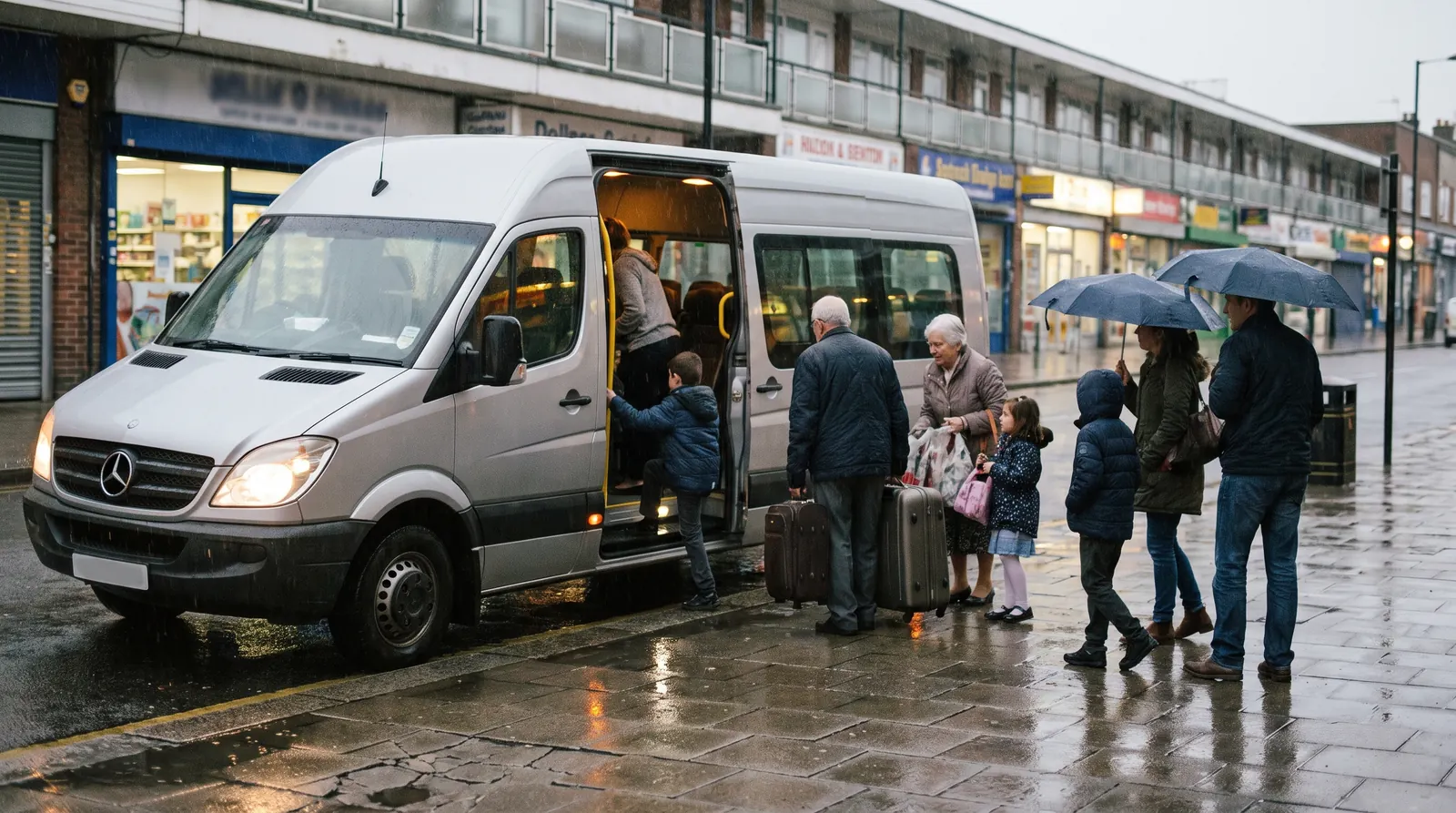A silver-grey 16-seat minibus parked at the kerb on Welling High Street in steady rain, passenger door open and the interior lit, an extended family of grandparents and children boarding with suitcases under umbrellas in front of the shop parade