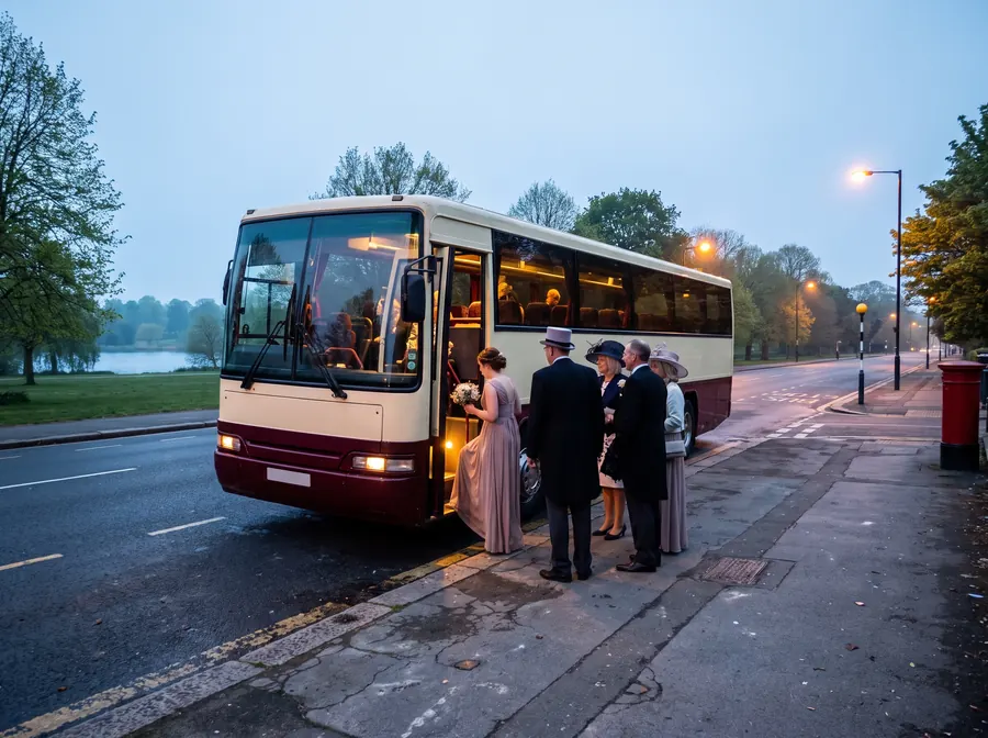 A cream and burgundy touring coach parked at the kerb on the road beside Danson Park before sunrise, pale blue light and street lamps still lit, a wedding party in hats and formal dress boarding through the open door with the lake and parkland behind