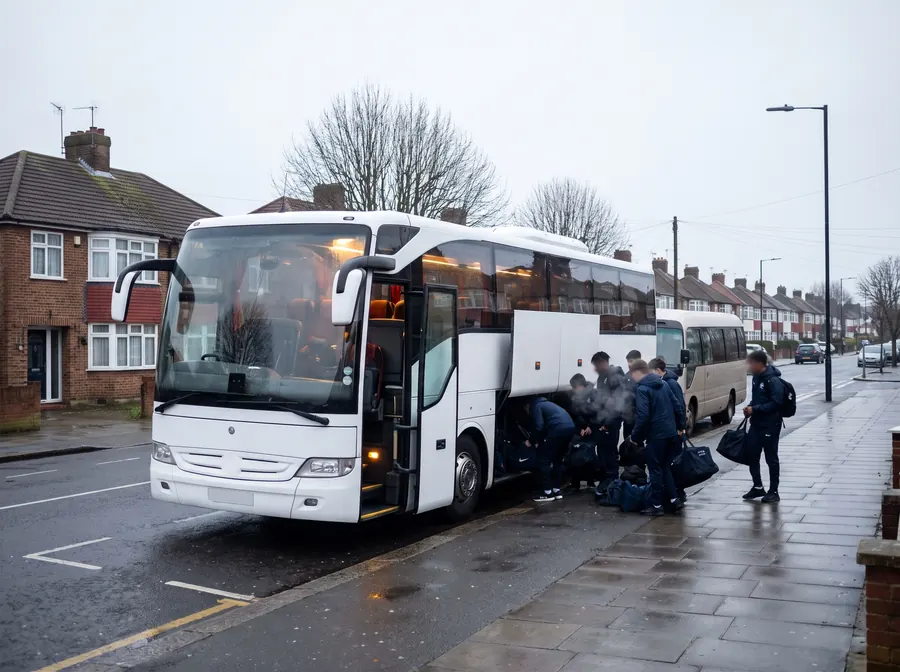 A white touring coach with a smaller minibus parked behind it at the kerb of a residential street of 1930s semi-detached houses in Welling on an overcast winter afternoon, bare trees and flat grey light, a sports team in matching tracksuits loading kit bags into the open luggage bay